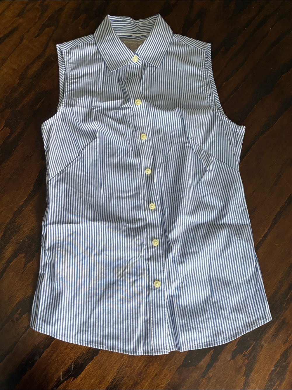 Banana Republic Blue and White Striped Sleeveless Button-Down Shirt